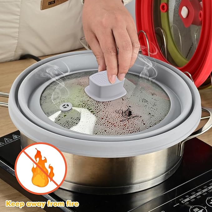 Microwave Splatter Cover Glass Cover Guard Lid with Collapsible Silicone for Food Pot Plate Cover 10.8 inch Light Grey