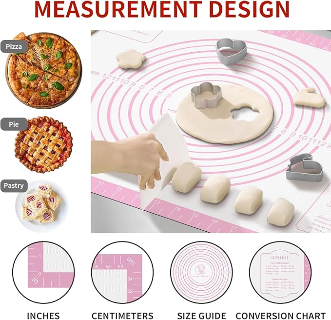 Silicone Pastry Mat for Dough Rolling, Extra Large Silicone Baking Mat with Measurements, Baking sheet for Cookies Fondant Pie Crust, Countertop Protector