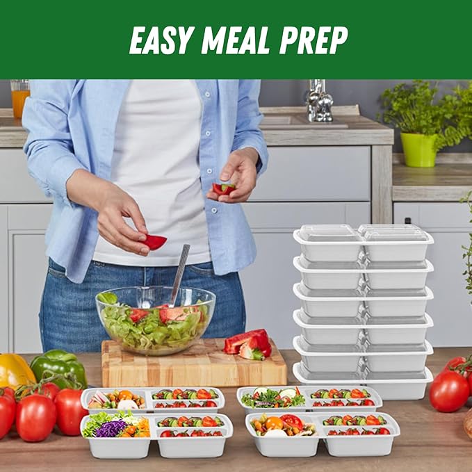 50 Pack (100-Piece) 32 oz Meal Prep Containers Reusable with Lids 3-Compartment, To Go Take Out Plastic Food Storage Containers, Sturdy Leakproof Food Safe, Microwave Freezer Dishwasher Safe, Silver