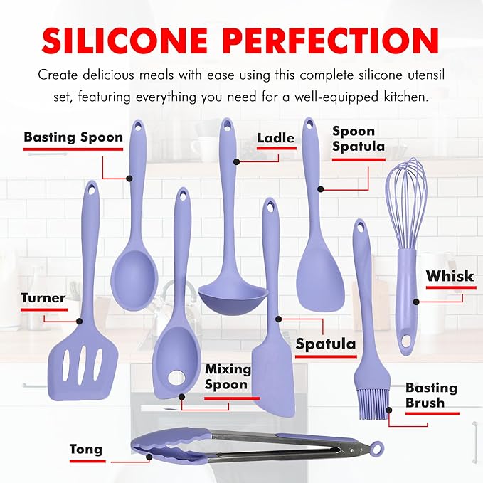Chef Craft - Premium Silicone Kitchen Tools and Utensils Set, Non-Scratch, Withstands Temperatures up to 450°F, BPA-Free, 9 Piece Cooking Utensils Set, Pastel Blue