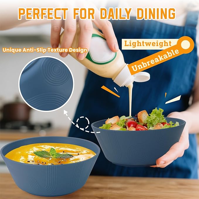 Homienly Wheat Straw Bowls - 36 Oz Soup Bowl Set 6 Unbreakable Dinnerware, Microwave and Dishwasher Safe Bowls, Alternative to Plastic Bowl Reusable, Bowls for Kitchen, Soup, Dinner, Pho(Navy Blue)