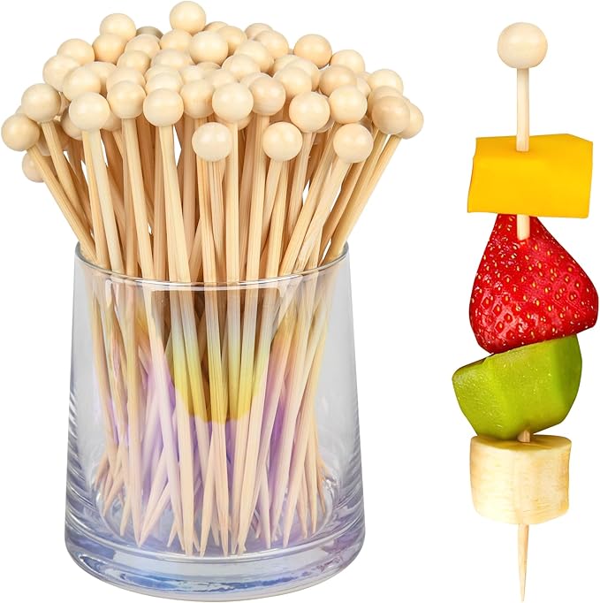 300Pcs Fancy Toothpicks for Appetizers,4.7Inch Wooden Ball Cocktail Picks For Drinks,Bamboo Appetizer Skewers for Charcuterie Boards Accessories,Martini, Sandwich,Desserts,Fruit