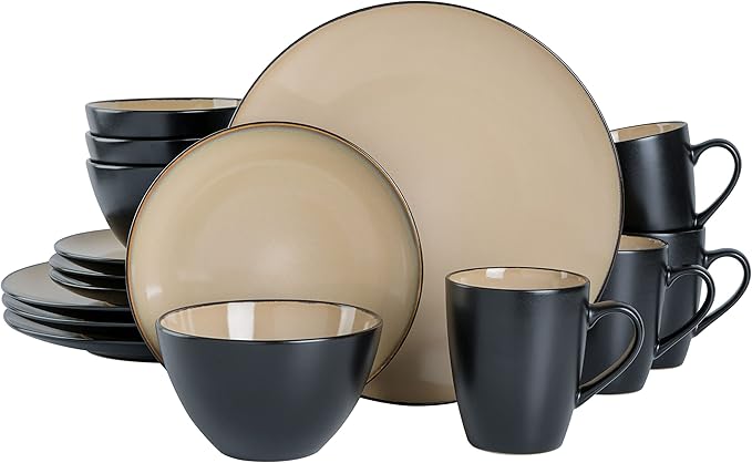 Gibson Elite Soho Lounge 16-Piece Round Reactive Glaze Stoneware Dinnerware Set, Service for 4 – Taupe Plates and Bowls