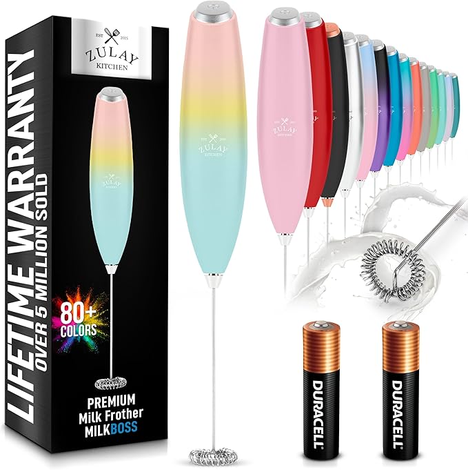 Zulay Kitchen Milk Frother Wand (2 Duracell Batteries Included) - Handheld Milk Frother - Easy-Clean Milk Frother Wand & Drink Mixer - Electric Coffee Frother for Frappe, Matcha - Cupcake