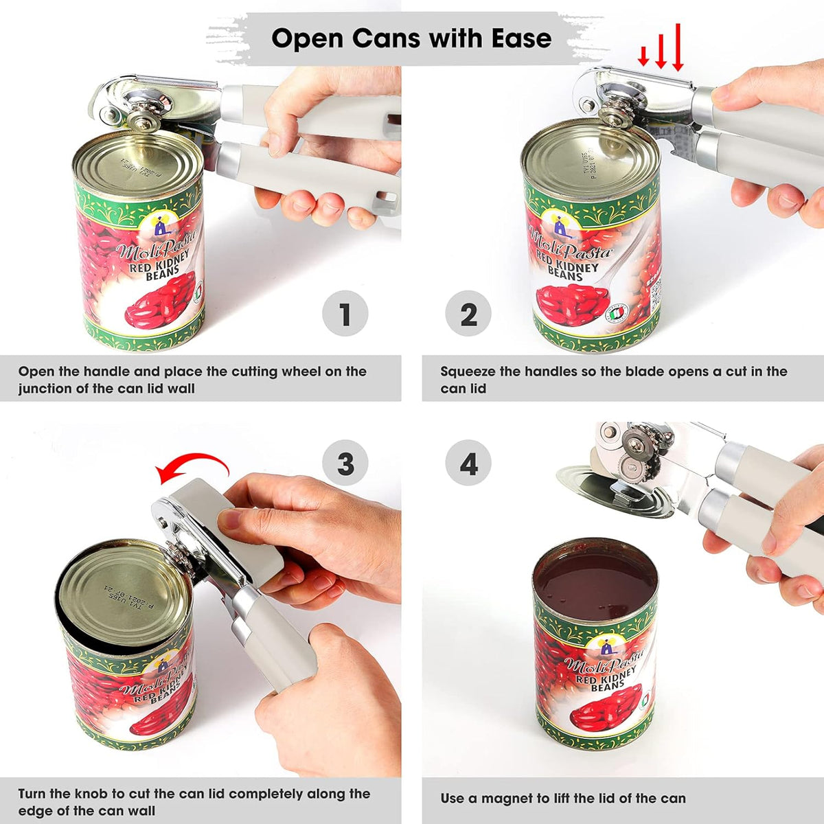 Beneno Can Opener Manual with Magnet, Hand Held Heavy Duty Can Opener with Durable Sharp Blade Smooth Edge, Big Effort-Saving Knob, Soft Grip Rubber Handle, Multifunctional Bottle Opener, Beige