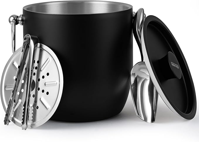 Insulated Ice Bucket, 3L Double Wall Stainless Steel Ice Bucket with Tongs,Lid, Scoop and Strainer, Ice Buckets for Parties,Cocktail Bars, Chilling Beer, Champagne, Wine Bottles