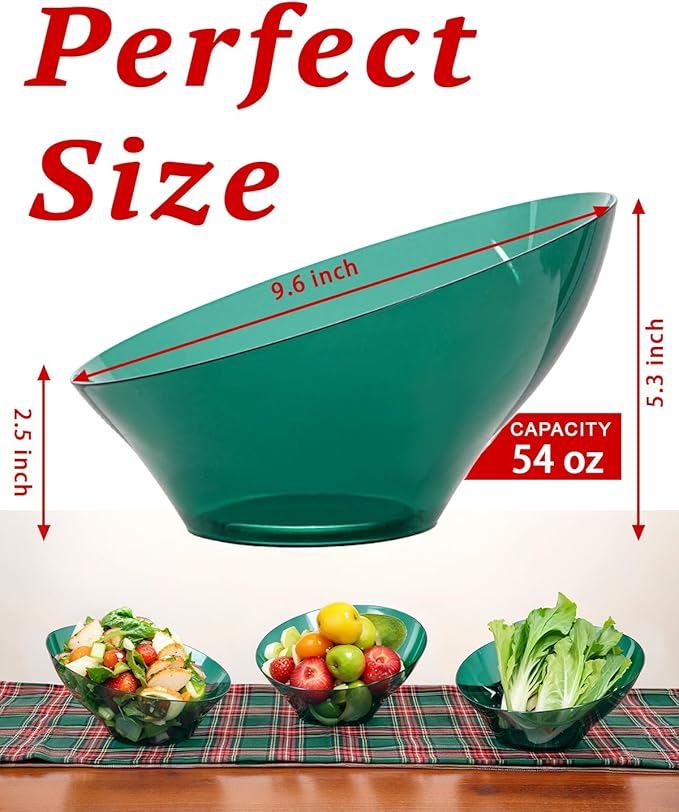 bUCLA 12 Pack Clear Green Plastic Serving Bowls - 54 OZ Christmas Angled Serving Bowls Disposable for Chip, Candy, Salad & Fruit - Ideal for X’mas Party