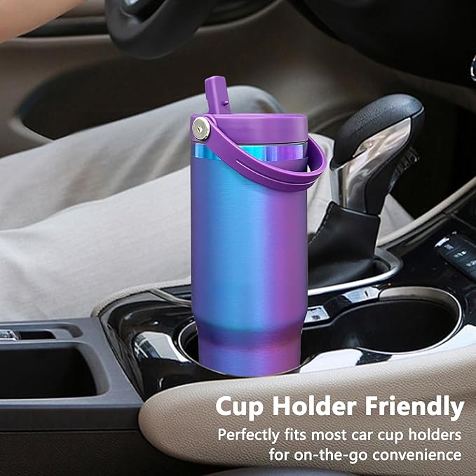 30 oz Tumbler with Handle and Straw, Vacuum Insulated Tumblers with Flip Straw and Top Handle, Leakproof Powder Coated Tumbler, Stainless Steel Travel Mug for Coffee Water (BluePurple, 1 Pack)