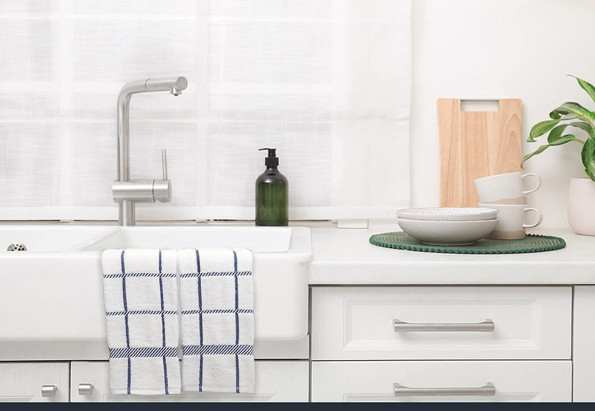100% Cotton Terry Dish Towels, 4 Pack Checks, 16 x26 Inches, Super Soft and Absorbent Kitchen Towels, Perfect for Kitchen Cleaning and Dish Washing | Navy Blue