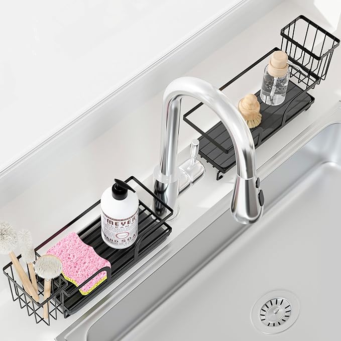 Sponge Holder for Kitchen Sink,Sink Caddy Organizers with Stone Drying Tray, Kitchen Sink Organizer for Sponges, Soap, 9.7" x 4.2"x 3.2" Home Decor Storage and Organization,2PCS Black