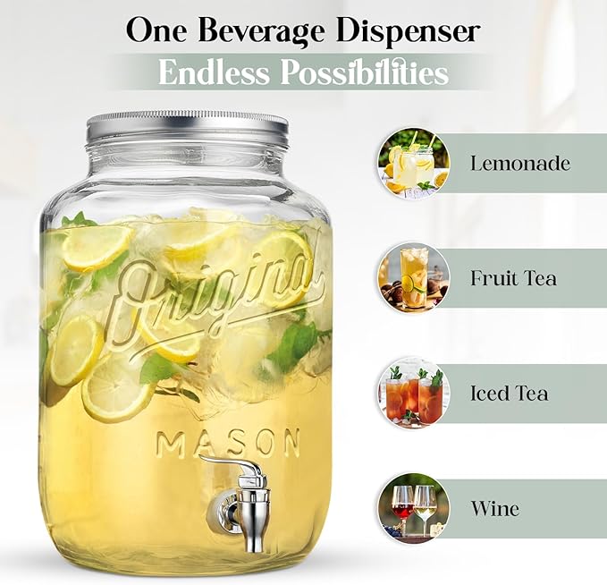 2 PACK-2 GALLON Drink Dispensers for Parties, Drink Dispensers for Parties, Original Mason Beverage Dispensers with Stand, Glass Water Jug Dispenser, 100% Leakproof Spigot Perfect For And Daily Use