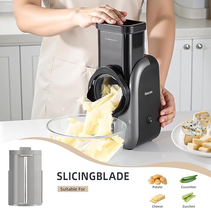 Electric Cheese Grater, Rotary Vegetable Slicer with 4 Interchangeable Drum Blades, Multifunctional Cheese Chopper Shredder for Kitchen Potato Veggie Salad Fruit etc