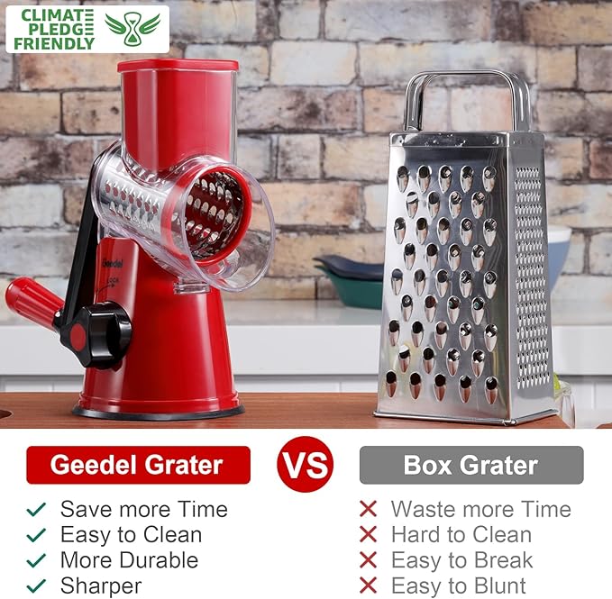 Geedel Rotary Cheese Grater, Kitchen Mandoline Vegetable Slicer with 3 Interchangeable Blades, Easy to Clean Grater for Fruit, Vegetables, Nuts