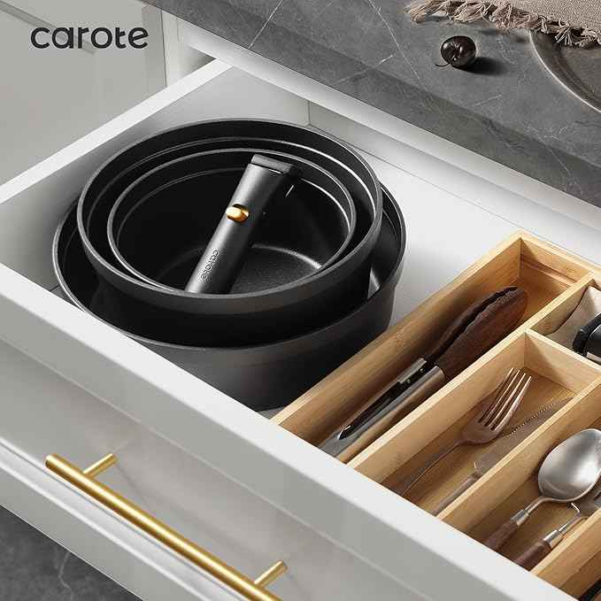 CAROTE 20pcs Pots and Pans Set Non Stick, Nonstick Cookware Set, Dishwasher/Oven/Fridge Safe Pots and Pans, Removable Handle RV Oven Safe Cookware, Induction Kitchen Set, Black