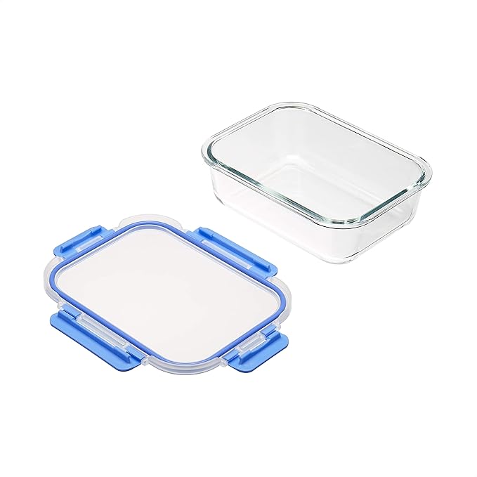 Amazon Basics Glass Food Storage Containers with Locking Lids, Set of 7, 14 pieces including lids, BPA-Free, clear with blue silicone ring