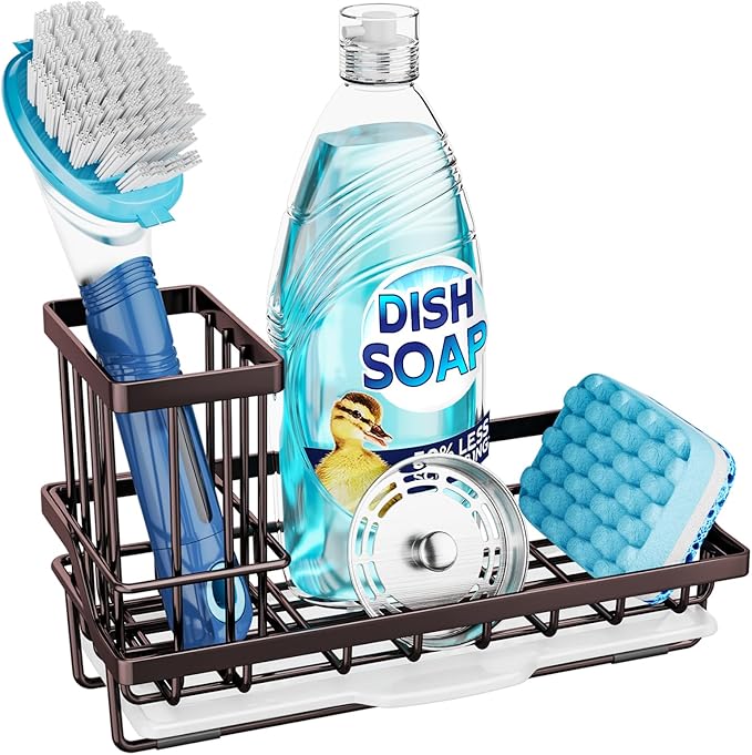 Consumest Sink Caddy Kitchen Organizer, Sponge Holder for Kitchen Sink with Removable Drip Tray for Countertop Dish Soap Holder Dispenser Brush Holder, 304 Stainless Steel - Bronze
