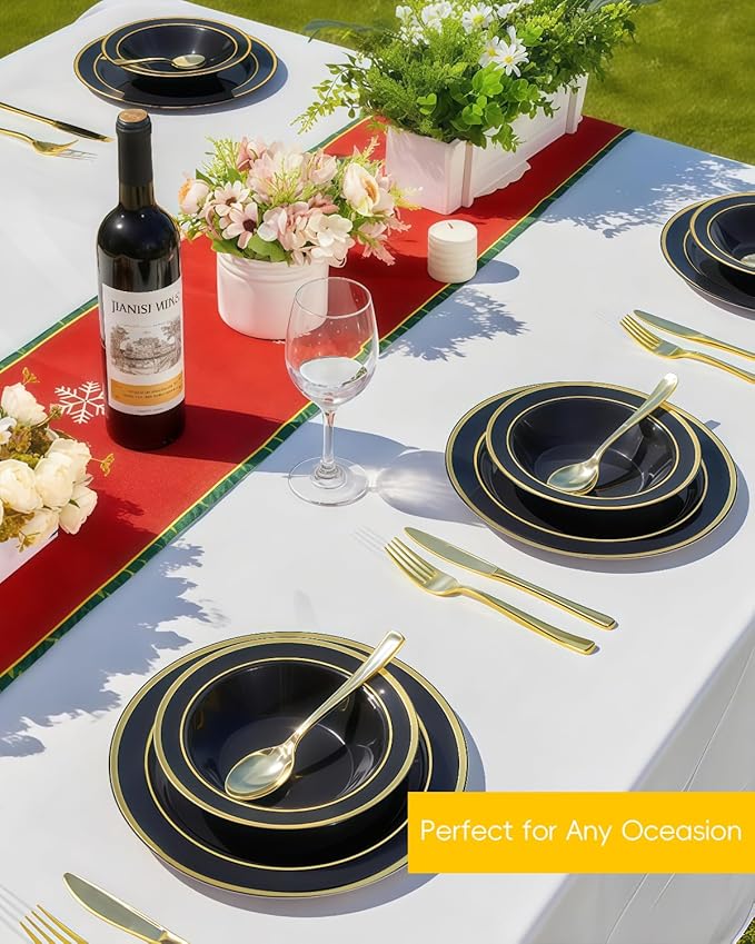 200 Pack Black Disposable Bowls with Gold Rim, 12oz Black Plastic Soup Bowls for Party, Wedding, Holiday,And Halloween