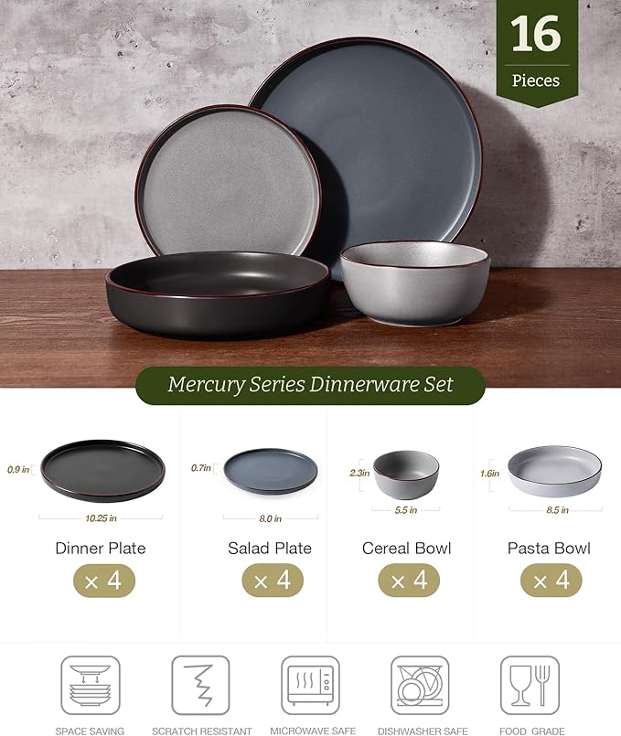 Famiware Mercury Dinnerware Sets with Pasta Bowls, Service for 4 (16 Pieces), Plates and Bowls Sets, Microwave and Dishwasher Safe Dishes Set, Multi-color