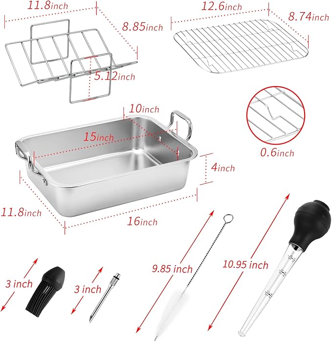 15 Inch Stainless Steel Roasting Pan with V-Shaped Rack and Turkey Baster - Rectangular Roaster for Turkey, Chicken, Vegetables - Fits 20lb Turkey