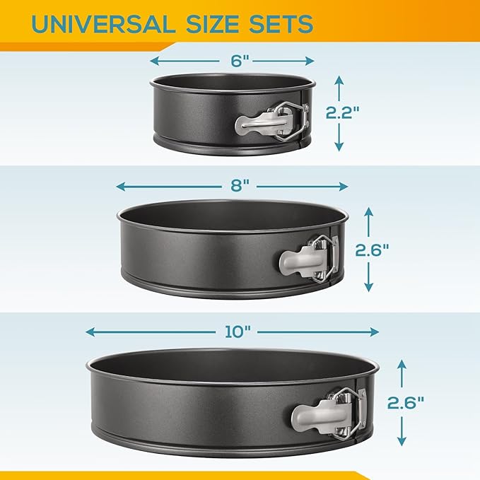 HIWARE Springform Pan Set of 3 Non-stick Leakproof Round Cake Pan Set Includes 3 Pieces 6" 8" 10"
