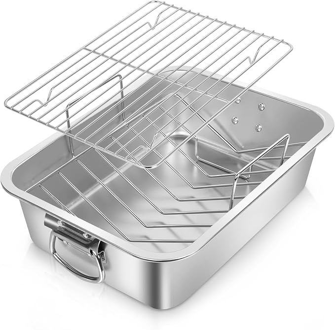 Roasting Pan,VBOYL 16" 3-Piece Roasting Pan Set: Deep Pan + Flat & V-Racks. Ideal for Turkey, Chicken, Veggies, Lasagna. Heavy-Duty, Non-toxic, Easy Clean, Dishwasher Safe.