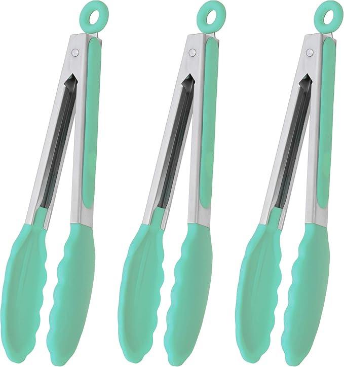 Kitchen Cooking Tongs with Silicone Tips 9-Inch Food Tongs, Set of 3 (Mint)