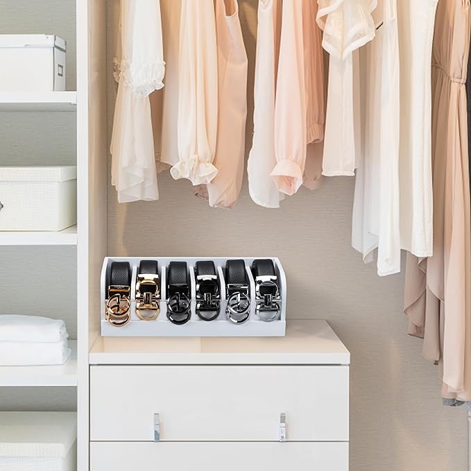 MinBoo Bamboo Belt Rack, 6-Compartment Belt Organizer and Displayer for Closet and Drawer, Men and Women (White)