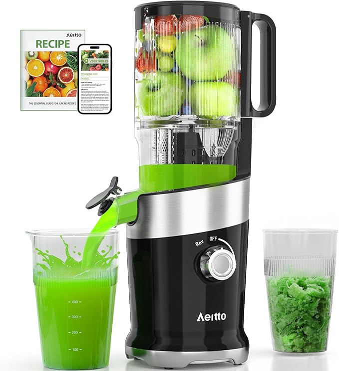 Cold Press Juicer Fits Whole Fruits, Aeitto Masticating Juicer Machines with Wide Feed Chute, Juice Extractor Machine Easy to Clean, High Juice Yield, Easy to Assemble, Self Feeding