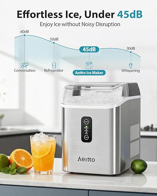 Aeitto Nugget Ice Maker Countertop, 42lbs/24H Ice Machine with 1.5L Water Tank, Rapid Ice Release in 6 Mins, Self-Cleaning Pebble Ice Maker with Basket and Scoop for Home Office RV and Party, Silver
