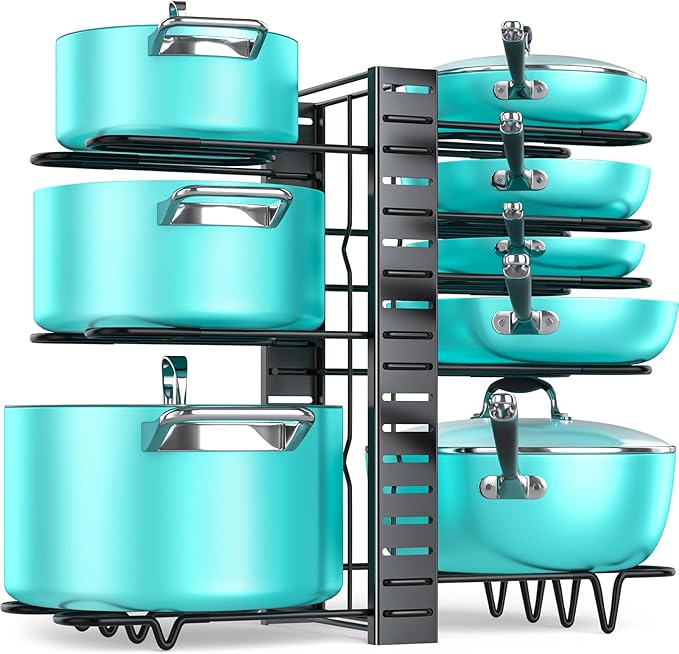 MUDEELA Pots and Pans Organizer Rack under Cabinet 16.61 Height, 8 Tiers Adjustable Pot Pan Rack with 3 DIY Methods, Pot Lid holder for Kitchen Cabinet Organizers and Storage