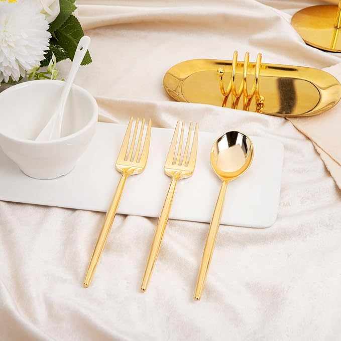 SUT 100PCS Gold Plastic Forks and Spoons Heavy Duty Set, Gold Disposable Silverware, Gold Cutlery, Gold Disposable Utensils, Plastic Flatware Includes 50 Forks, 50 Spoons for Party