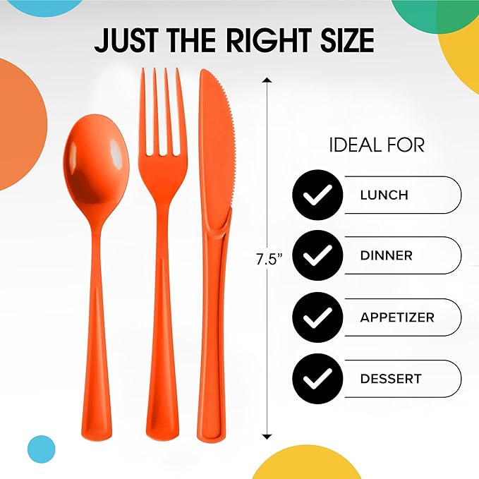Party Solids Orange Plastic Silverware Heavy Duty 150 Pieces Orange Plastic Cutlery Sets, Utensil Sets, 50 Of Each Forks, Knives & Spoons Disposable Cutlery Set, Flatware Set For Party Supplies