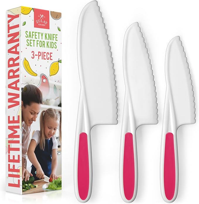 Zulay 3-Piece Kids Knife Set for Real Cooking & Baking - Toddler Knives for Cutting Fruits, Veggies, & Cake - Children’s Montessori Knive with Serrated Edges - Safe & Fun Lettuce Knife (Hot Pink)