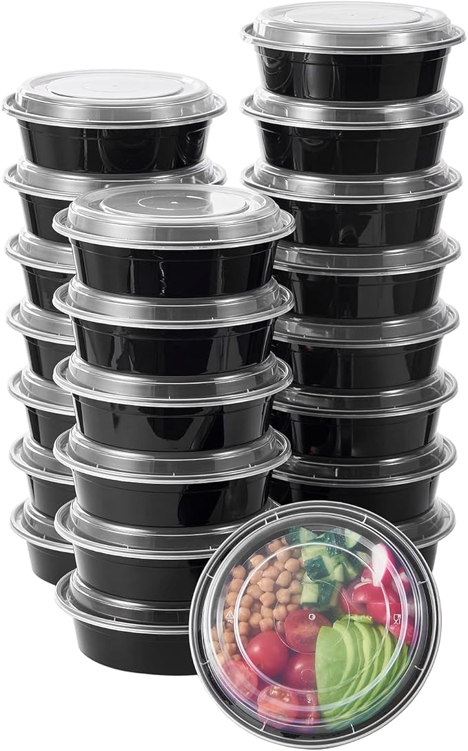 24 oz 50 ct Round Meal Prep Containers with Lids Plastic Food Storage Lunch Plan To Go Box Disposable Take Out Bowls BPA Free Durable Stackable Microwave Freezer Safe (Formerly FULING)