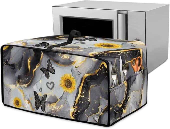 Convection Oven Cover Countertop Appliance Covers Stain-resistant Microwave Oven Protector for Kitchen Home Decor, M, Black Gray Gold Marble Butterfly Sunflower