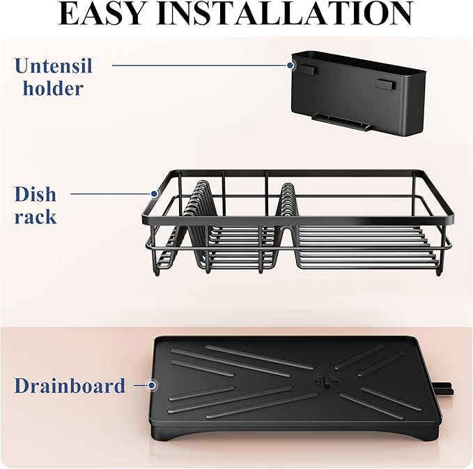 SNTD Dish Drying Rack for Kitchen Counter - Large Dish Rack with Drainboard, Rustproof Dish Drainer with Utensil Holder for Sink, Black
