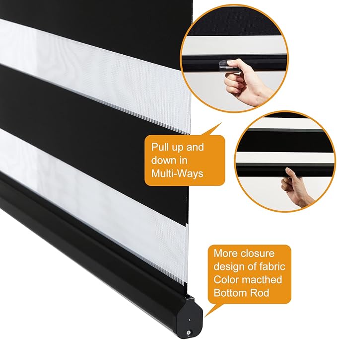 Persilux Cordless Zebra Blinds for Windows (35" W X 72" H, Black) Free-Stop Dual Layer Roller Windows Shades for Day and Night, Light Filtering Sheer Shades for Home, Easy to Install