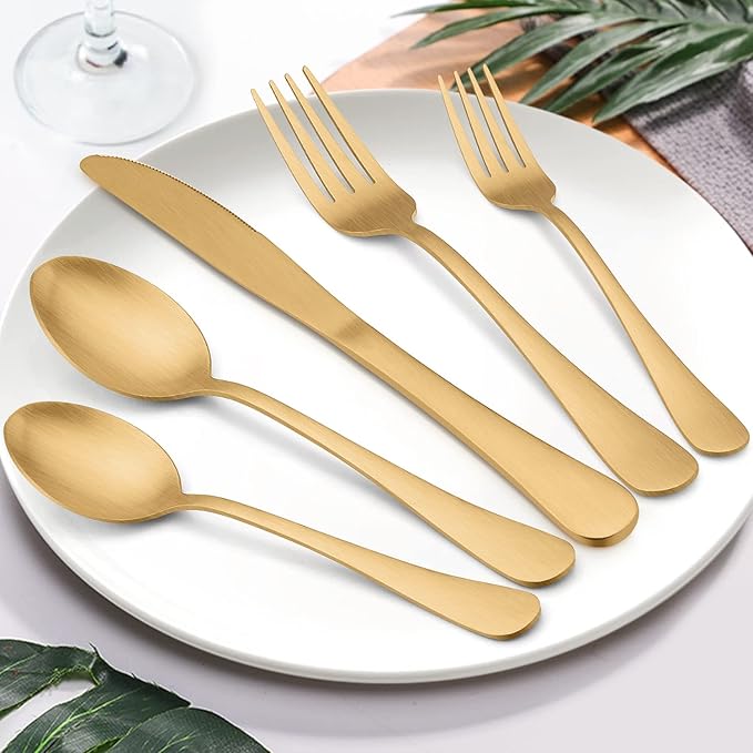 LIANYU 30 Piece Gold Silverware Set, Stainless Steel Gold Flatware Cutlery Set for 6, Fancy Kitchen Utensil Tableware for Home Restaurant Party, Satin Finish, Dishwasher Safe