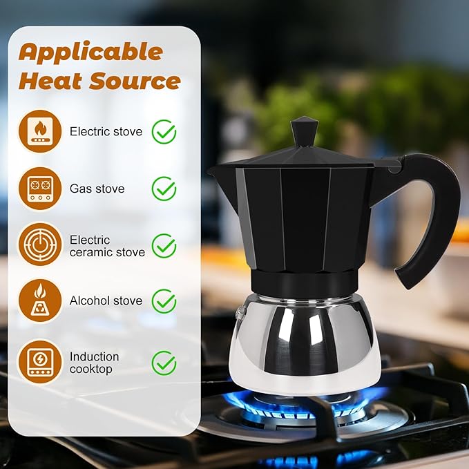 No Coating 6 Cup Aluminum and Stainless Steel Moka Pot Stovetop Espresso Maker Italian Coffee Machine 350ml 11.84oz Suitable for Gas Induction Stovetop Greca Coffee Maker Percolator Black