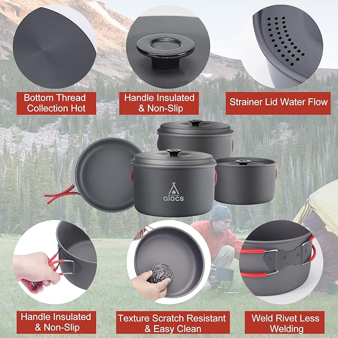Alocs Camping Cookware Set Camping Gear, Compact Camping Pots and Pans Set, Durable Hard Alumina Camping Cooking Set for Outdoor Backpacking Camping Hiking Picnic, Included Mesh Carry Bag