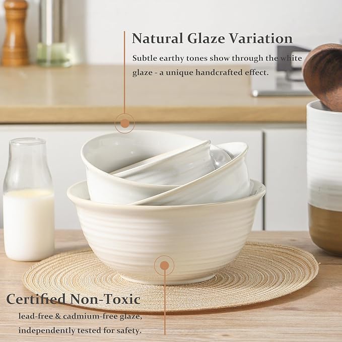 Hasense Ceramic Mixing Bowls, 2.1/1.5/1.0/0.5 Qt, Nesting Bowls for Cooking, Baking, Serving Dishes for Salad, Fruits, Popcorn, Dishwasher & Microwave Safe, Set of 4, Clay-Infused White