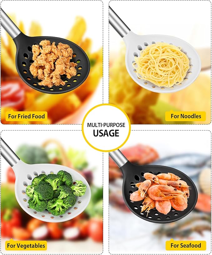 Kitchen Ladle Strainer Set of 2 Large Slotted Spoon with High Heat Resistant BPA Free Non Stick Cooking Skimmers For Draining and Frying (Black-White)