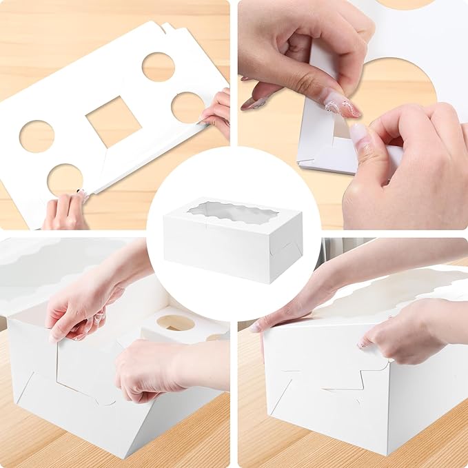10 Pack Cakes and Cupcake Boxes with Transparent Windows Suitable for 4 Cupcakes and 1 Small Cake, Used as Baking Supplies for Birthdays, Weddings, Holidays and Parties.(White, 1+4(10Pack))