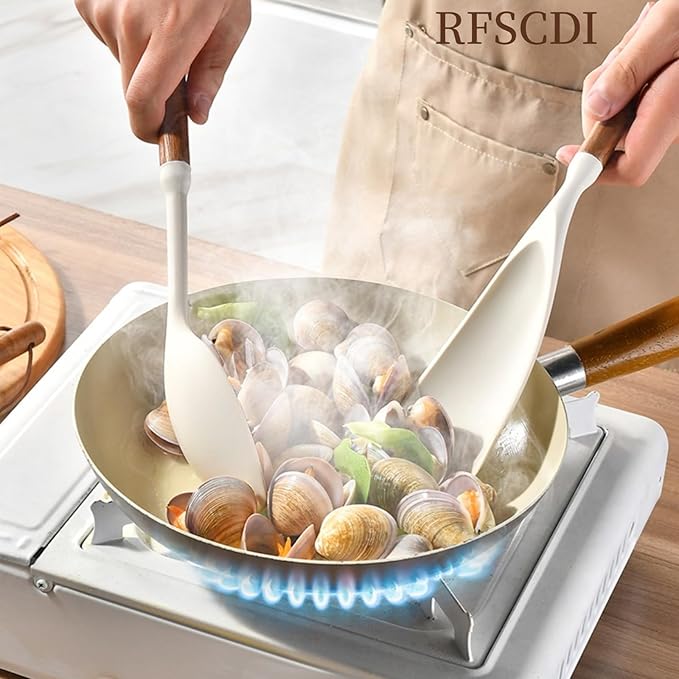 White Silicone Cooking Utensils Set, Kitchen Utensils Set 7 Pcs for cooking, Non-Toxic Spatula Set with Heat Resistant Wood Handles for Nonstick Cookware, (Cream White)