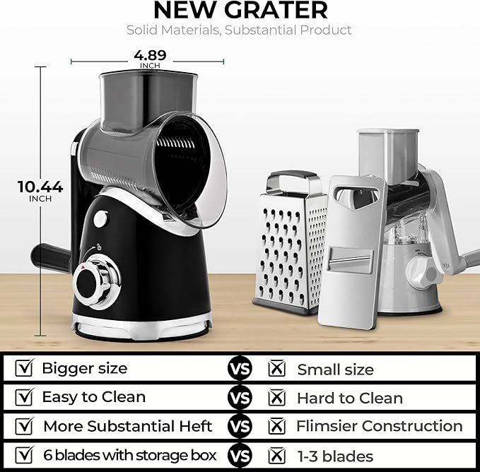 SUSTEAS Rotary Cheese Grater with Handle,Vegetable Slicer with 6 Interchangeable Blades, Reinforced Suction,Easy to Clean,Kitchen Shredder for Crushed Ice,Fruits and Nuts with Blade Storage Case,Black