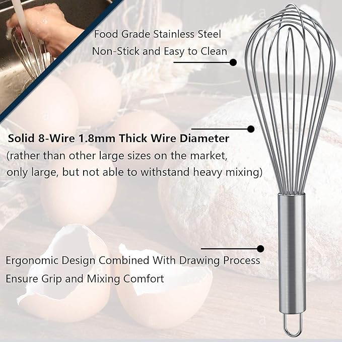 Whisks for Cooking, 3 Pack Stainless Steel Whisk for Blending, Whisking, Beating and Stirring, Enhanced Version Balloon Wire Whisk Set, 8"+10"+12"