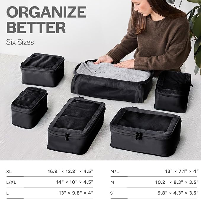 Aerotrunk Compression Packing Cubes for Travel - Luggage Organizer Bags - Double Zipper Packing Cubes for Suitcases (6-Pack, Black)