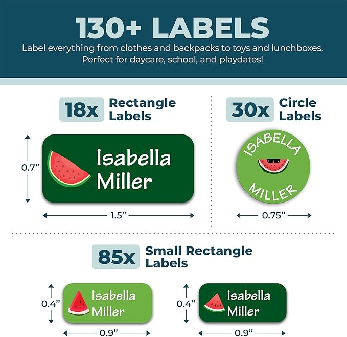 Personalized Daycare Name Labels for Kids (130 Labels) - Custom Waterproof Name Stickers for Clothing Tags, Water Bottles, Lunch Boxes and School Supplies (Watermelon)