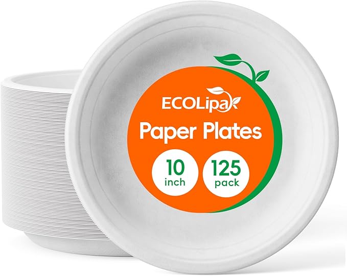 ECOLipak 125 Pack Paper Plates 10 inch 100% Compostable, Heavy-Duty Dinner Plates Disposable Bagasse Deep Dish Natural Biodegradable Eco-Friendly Sugarcane (White)
