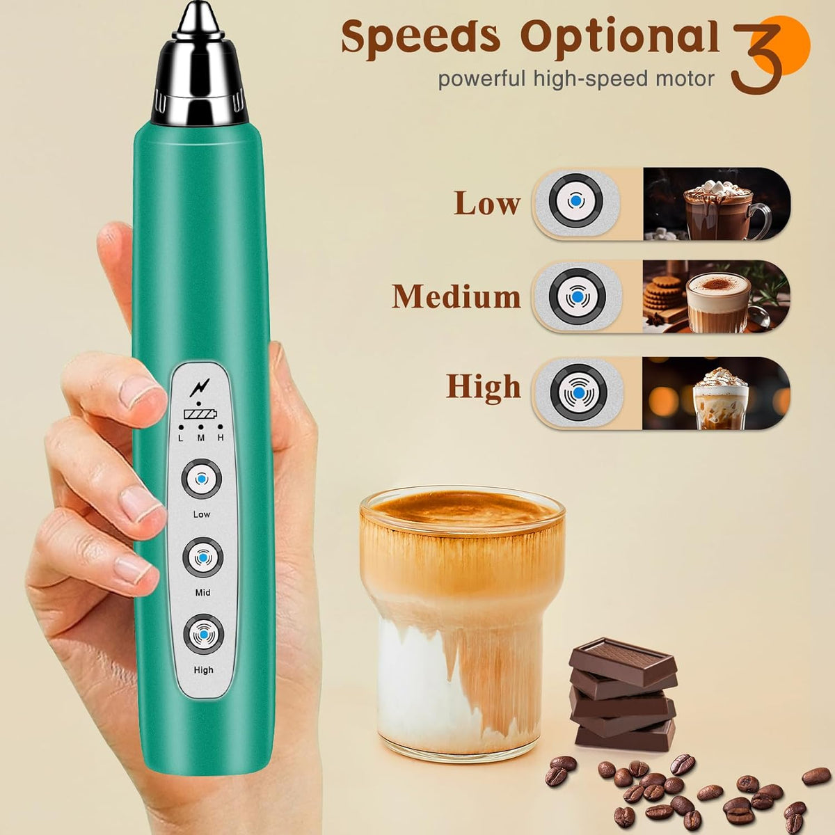 Milk Frother Handheld Rechargeable, Frother Wand Drink Mixer Electric Whisk for Coffee, Detachable With 3 Stainless Whisks, Hand Mixer for Lattes, Cappuccino, Matcha, Egg, No Stand, Green